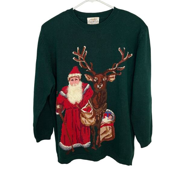 Vintage Susan Bristol Santa Reindeer Christmas Sweater Large Holiday Grandmacore - Picture 1 of 6